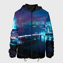 Куртка с капюшоном мужская Неоновый город и мост - Синий, цвет: 3D-черный