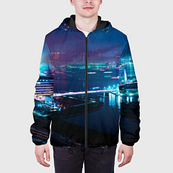 Куртка с капюшоном мужская Неоновый город и мост - Синий, цвет: 3D-черный — фото 2