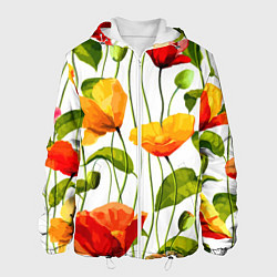 Куртка с капюшоном мужская Волнообразный узор из цветков мака Лето, цвет: 3D-белый