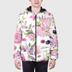 Куртка с капюшоном мужская Летний красочный паттерн из цветков розы и ягод еж, цвет: 3D-черный — фото 2
