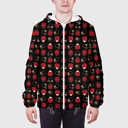 Мужская куртка Красные Божьи коровки на черном фоне ladybug / 3D-Белый – фото 3