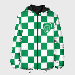 Куртка с капюшоном мужская ФК Ахмат на фоне бело зеленой формы в квадрат, цвет: 3D-черный