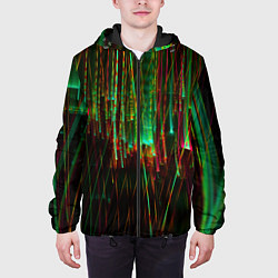 Куртка с капюшоном мужская Абстрактное множество зелёных неоновых лучей, цвет: 3D-черный — фото 2