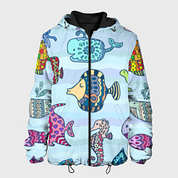 Куртка с капюшоном мужская Кит, черепаха, акула и другие обитатели океана, цвет: 3D-черный