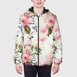 Куртка с капюшоном мужская Цветы Нарисованные Магнолии и Разноцветные Птицы, цвет: 3D-черный — фото 2