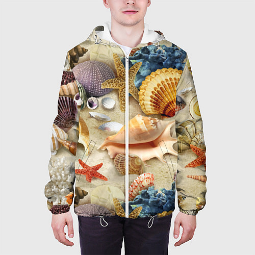 Мужская куртка Морские раковины, кораллы, морские звёзды на песке / 3D-Белый – фото 3