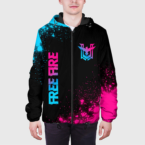 Мужская куртка Free Fire - neon gradient: символ и надпись вертик / 3D-Черный – фото 3