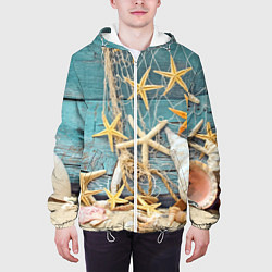 Куртка с капюшоном мужская Натюрморт из сети, морских звёзд и ракушек - лето, цвет: 3D-белый — фото 2