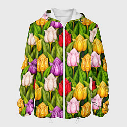 Куртка с капюшоном мужская Объемные разноцветные тюльпаны, цвет: 3D-белый