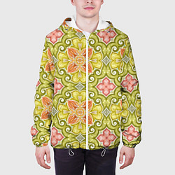 Куртка с капюшоном мужская Зеленые узоры и оранжевые цветы, цвет: 3D-белый — фото 2