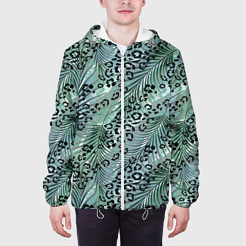 Мужская куртка Листья пальмы на леопардовом серо - зеленом фоне / 3D-Белый – фото 3
