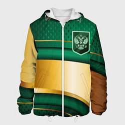 Куртка с капюшоном мужская Герб России на зеленой абстракции, цвет: 3D-белый