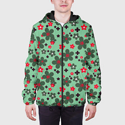 Куртка с капюшоном мужская Красно-зеленый цветочный узор ретро, цвет: 3D-черный — фото 2