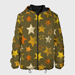 Куртка с капюшоном мужская Желто-оранжевые звезды на зелнгом фоне, цвет: 3D-черный