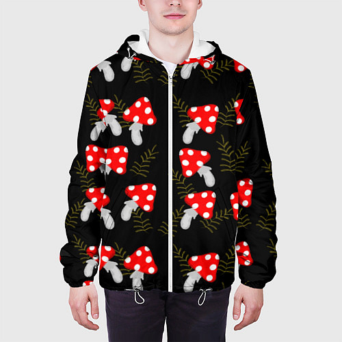 Мужская куртка Мухоморы на черном фоне / 3D-Белый – фото 3