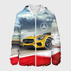 Куртка с капюшоном мужская Mercedes AMG V8 Biturbo на трассе, цвет: 3D-белый