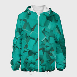Куртка с капюшоном мужская Абстрактные сине-зелёные кубы, цвет: 3D-белый