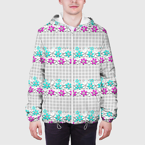 Мужская куртка Цветочный узор бирюзово-розовый на сером клетчатом / 3D-Белый – фото 3