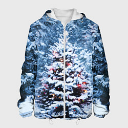 Куртка с капюшоном мужская Новогодняя ёлка в лесу, цвет: 3D-белый