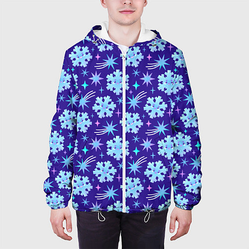Мужская куртка Снежинки со звездами в синем небе / 3D-Белый – фото 3