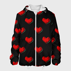 Куртка с капюшоном мужская Красные сердца полигоны, цвет: 3D-белый