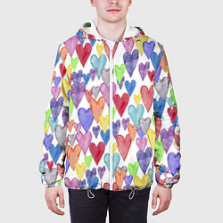 Куртка с капюшоном мужская Разноцветные сердечки Калейдоскоп, цвет: 3D-белый — фото 2