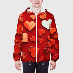 Куртка с капюшоном мужская Красные сердца на красном фоне, цвет: 3D-белый — фото 2