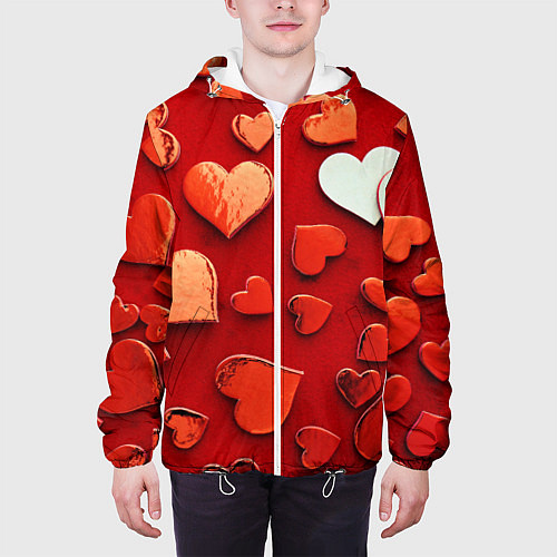 Мужская куртка Красные сердца на красном фоне / 3D-Белый – фото 3