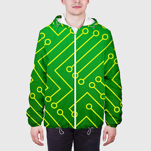 Мужская куртка Технический зелёный паттерн с жёлтыми лучами / 3D-Белый – фото 3