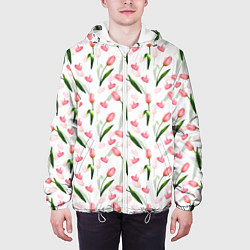 Куртка с капюшоном мужская Тюльпаны и сердечки - паттерн, цвет: 3D-белый — фото 2