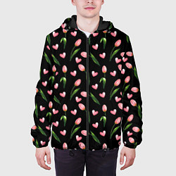 Куртка с капюшоном мужская Тюльпаны и сердечки на черном - паттерн, цвет: 3D-черный — фото 2