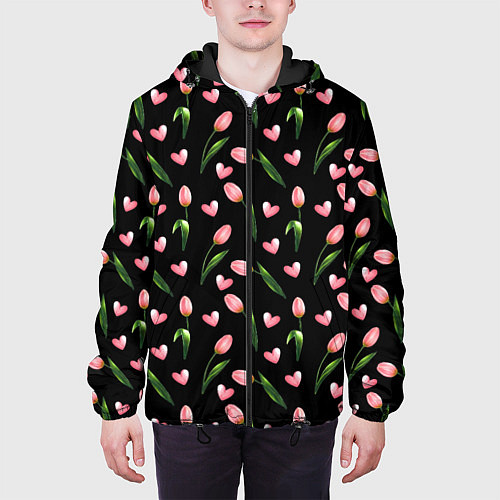 Мужская куртка Тюльпаны и сердечки на черном - паттерн / 3D-Черный – фото 3