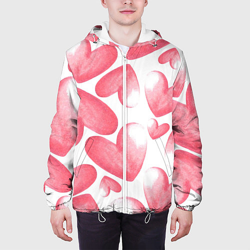 Мужская куртка Розовые акварельные сердца - паттерн / 3D-Белый – фото 3