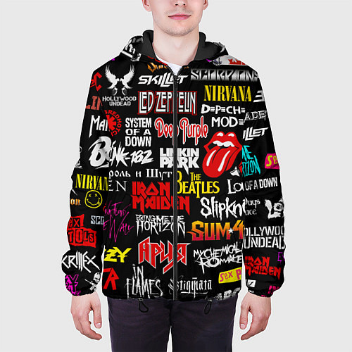 Мужская куртка Логотипы рок групп цветные / 3D-Черный – фото 3
