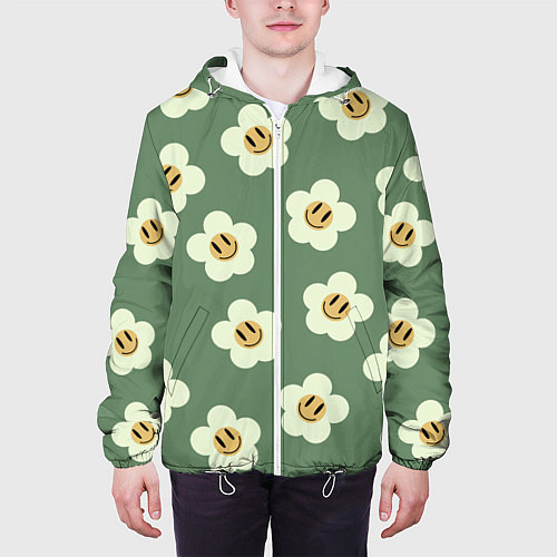 Мужская куртка Цветочки-смайлики: темно-зеленый паттерн / 3D-Белый – фото 3