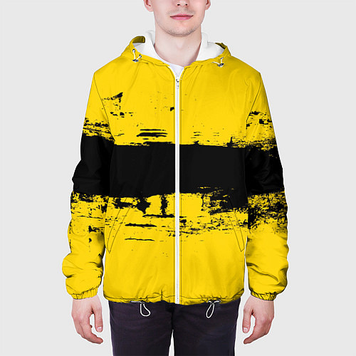 Мужская куртка Черно-желтая полоса Cyberpunk 2077 / 3D-Белый – фото 3