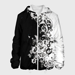 Куртка с капюшоном мужская Черно-белые цветы и колибри, цвет: 3D-белый