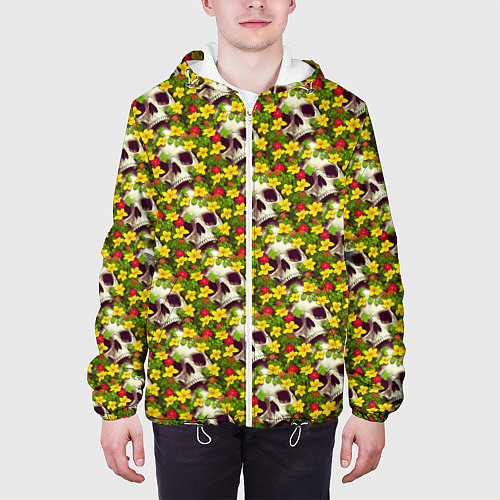 Мужская куртка Черепа в луговых цветах / 3D-Белый – фото 3