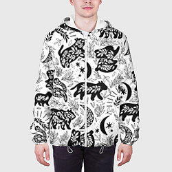 Куртка с капюшоном мужская Веточки и лесные звери - паттерн, цвет: 3D-белый — фото 2