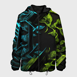 Куртка с капюшоном мужская Зеленые и синие абстрактные листья, цвет: 3D-черный