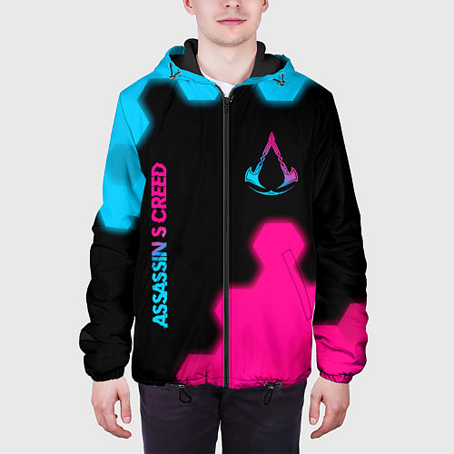 Мужская куртка Assassins Creed - neon gradient: надпись, символ / 3D-Черный – фото 3