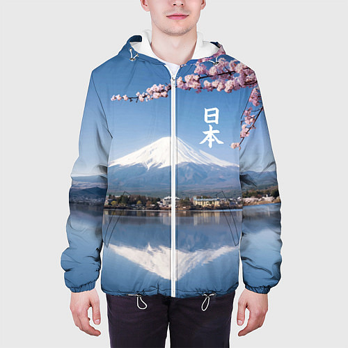 Мужская куртка Цветущая сакура на фоне Фудзиямы - Япония / 3D-Белый – фото 3