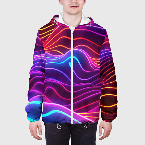 Мужская куртка Цветные неоновые волны / 3D-Белый – фото 3