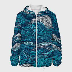 Куртка с капюшоном мужская Синие волны абстракт, цвет: 3D-белый