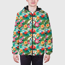 Куртка с капюшоном мужская Яркие гавайские цветы, цвет: 3D-черный — фото 2