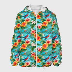 Куртка с капюшоном мужская Яркие гавайские цветочки, цвет: 3D-белый