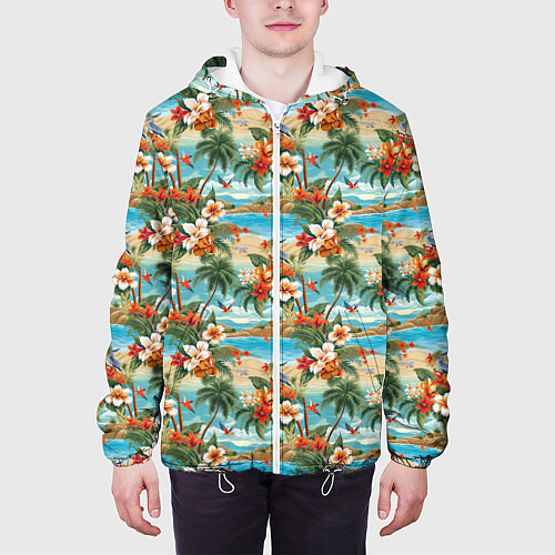 Мужская куртка Гавайский остров и цветы / 3D-Белый – фото 3