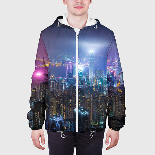 Мужская куртка Большой город в розово-голубых огнях / 3D-Белый – фото 3