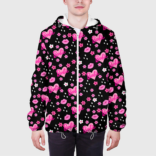 Мужская куртка Черный фон, барби и цветы / 3D-Белый – фото 3