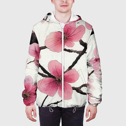 Мужская куртка Цветы и ветви японской сакуры - текстура холста / 3D-Белый – фото 3